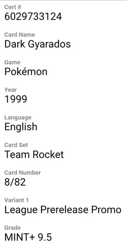 CGC 9.5 MINT+ Dark Gyarados 1999 Team Rocket 8/82 Prerelease Holo Pokemon Card - Image 2