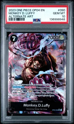 2023 ONE PIECE OP04 090 MONKEY D LUFFY KINGDOMS OF INTRIGUE ALT ART PSA 10 - Image 1