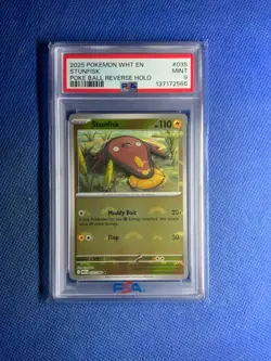 2025 POKEMON WHT EN-WHITE FLARE POKE BALL REVERSE HOLO #035 STUNFISK PSA 9 - Image 1