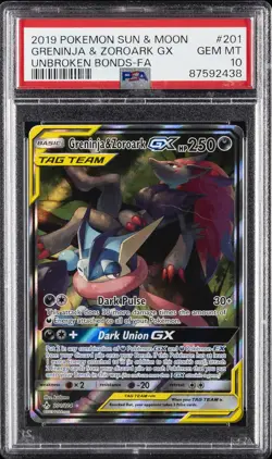 2019 POKEMON SUN & MOON UNBROKEN BONDS FULL ART/GRENINJA & ZOROARK GX PSA 10 - Image 1