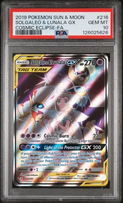 2019 POKEMON SUN & MOON COSMIC ECLIPSE #216 FULL ART/SOLGALEO & LUNALA GX PSA 10 - Image 1