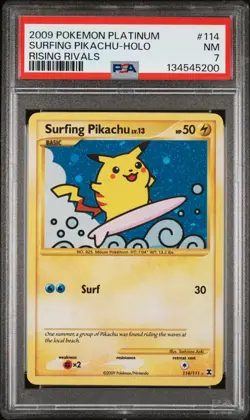 2009 POKEMON PLATINUM RISING RIVALS #114 SURFING PIKACHU-HOLO PSA 7 - Image 1
