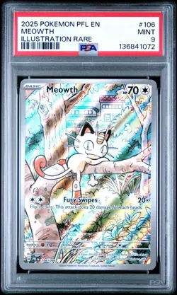 2025 POKEMON PFL EN-PHANTASMAL FLAMES ILLUSTRATION RARE #106 MEOWTH PSA 9 - Image 1