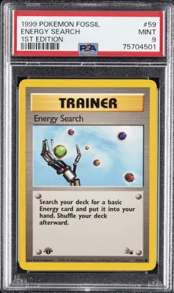 1999 POKEMON FOSSIL 1ST ED #59 ENERGY SEARCH PSA 9 - Image 1