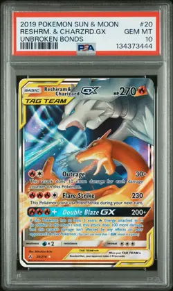 2019 POKEMON SUN & MOON UNBROKEN BONDS #20 RESHIRAM & CHARIZARD GX PSA 10 - Image 1