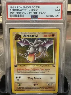 Pokemon TCG Aerodactyl Fossil 1st Edition Holo Prerelease Rare PSA 7 - Image 1