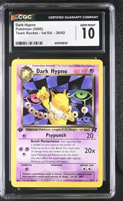 CGC 10 GEM MINT Dark Hypno Team Rocket 1st Edition 26/82 Pokemon Card - Image 1