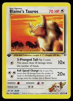 Pokemon Card - Blaine's Tauros 1st Edition Gym Heroes 64/132 Common - Image 1