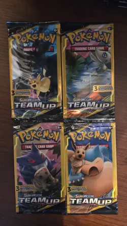 Pokemon Sun & Moon Team Up Booster Pack 4x3 Cards Pikachu Gengar English ART SET - Image 1