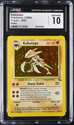 CGC 10 GEM MINT Kabutops 1999 Fossil 9/62 Holo Pokemon Card psa - Image 1