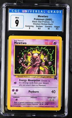 Pokemon TCG 2000 Mewtwo Black Star Promo Mewtwo Strikes Back 14 CGC Mint 9 w/sub - Image 1