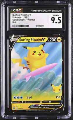 CGC 9.5 Surfing Pikachu V 008/025 Holo Celebrations Pokemon Mint+ - Image 1