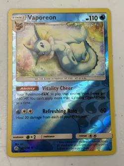 Pokemon TCG Vaporeon 42/236 Reverse Holo Uncommon SM Cosmic Eclipse LP - Image 1
