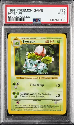 1999 POKEMON BASE SET SHADOWLESS #30 IVYSAUR PSA 9 - Image 1