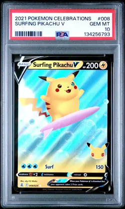2021 POKEMON CELEBRATIONS #008 SURFING PIKACHU V PSA 10 - Image 1