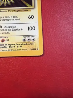 Pokemon TCG PACK FRESH LP-NM Base Set Holo Zapdos 16/102 1999 - Image 2