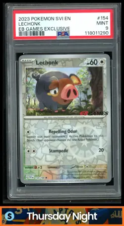 2023 POKEMON S&V #154/198 LECHONK EB GAMES STAMPED EXCLUSIVE REVERSE HOLO PSA 9 - Image 1