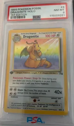 🐉Pokemon Fossil Dragonite 1st Edition Holo Rare #4 Vintage PSA 8!!🔥 - Image 1