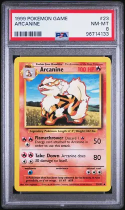 1999 POKEMON BASE SET UNLIMITED #23 ARCANINE PSA 8 - Image 1