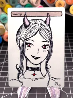 Hand Painted Altered Art Magic The Gathering MTG SWAMP Mana Anime Horn WAifu - Image 1