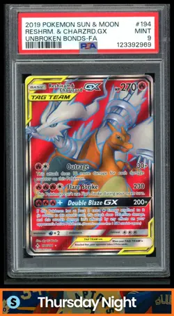2019 POKEMON SUN & MOON UNBROKEN BONDS RESHIRAM CHARIZARD GX #194 TAG TEAM PSA 9 - Image 1