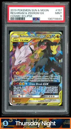 2019 POKEMON SM COSMIC ECLIPSE #157/236 RESHIRAM ZEKROM TAG TEAM HOLO PSA 9 - Image 1