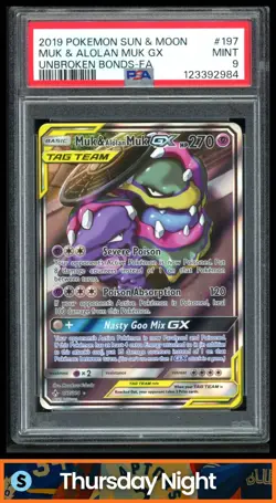 2019 POKEMON SUN & MOON UNBROKEN BONDS #197/214 MUK ALOLAN TAG TEAM PSA 9 - Image 1