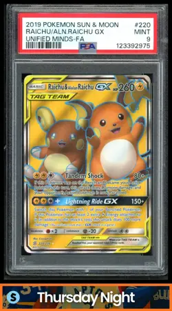 2019 POKEMON SUN & MOON UNIFIED MINDS #220/236 RAICHU ALOLAN TAG TEAM PSA 9 - Image 1