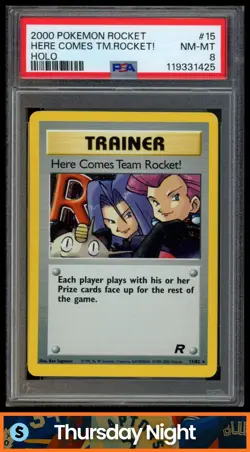 2000 POKEMON TEAM ROCKET #15/82 HERE COMES ROCKET! HOLO RARE PSA 8 - Image 1