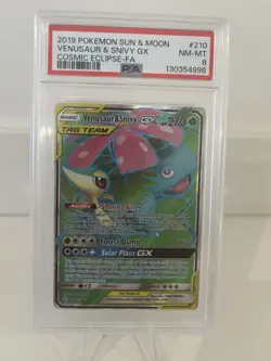 2019 POKEMON SM COSMIC ECLIPSE #210/236 VENUSAUR SNIVY FA GX TAG TEAM PSA 8 - Image 1
