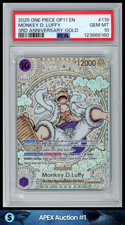 2025 ONE PIECE OP11 EN MONKEY D. LUFFY 3RD ANNIVERSARY GOLD 119 PSA 10 GEM MINT - Image 1