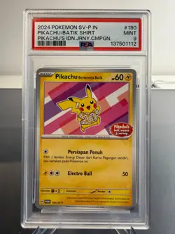 Pokemon TCG PSA 9 MINT Pikachu Berkemja Batik 190/SV-P Promo Indonesian - Image 1