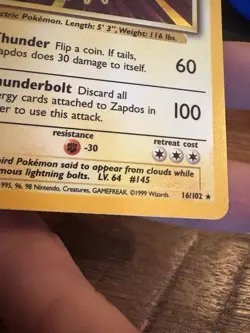 Pokemon TCG Zapdos Base Set Holo Unlimited Rare Card 16/102 NM - Image 5