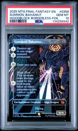 2025 MTG FINAL FANTASY WOODBLOCK BORDERLESS-FOIL #0356 SUMMON: BAHAMUT PSA 10 - Image 1