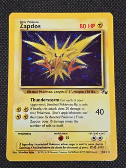 Pokemon TCG Zapdos Holo Rare Card 15/62 Fossil Base Set, Vintage 1999 NM WOTC - Image 1