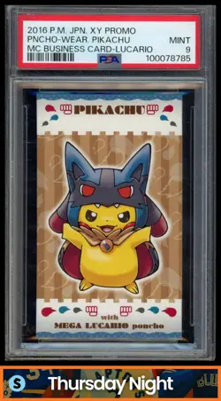 2016 POKEMON JAPANESE XY PROMO PONCHO PIKACHU MEGA LUCARIO BUSINESS CARD PSA 9 - Image 1