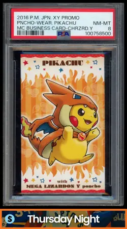 2016 POKEMON JAPANESE PONCHO PIKACHU MEGA CHARIZARD Y PROMO BUSINESS CARD PSA 8 - Image 1