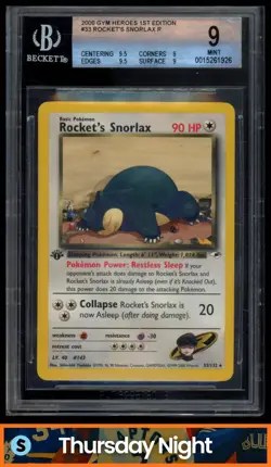 2000 POKEMON GYM HEROES 1ST EDITION #33/132 ROCKET'S SNORLAX RARE BGS 9 MINT - Image 1