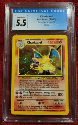 CGC 5.5 EXCELLENT + Charizard 4/130 Base Set 2 Holo Rare Pokemon Card 2000 - Image 1