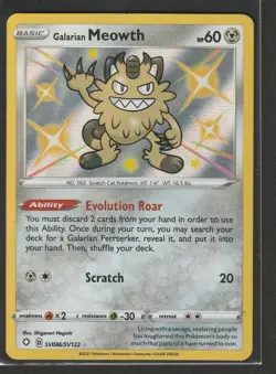 Shiny Galarian Meowth SV086/SV122 NM Ultra Holo Rare Shining Fates Pokemon Card! - Image 1