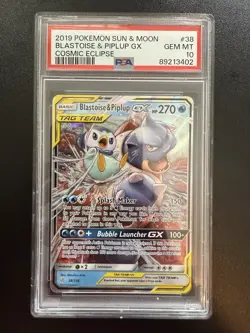 Pokemon Sun & Moon Blastoise and Piplup Tag Team GX Cosmic Eclipse 38/236 PSA 10 - Image 1