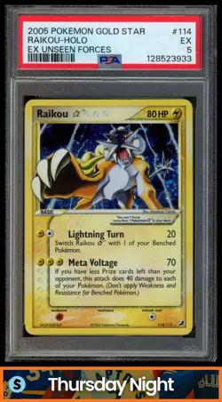 2005 POKEMON EX UNSEEN FORCES #114/115 RAIKOU GOLD STAR HOLO PSA 5 - Image 1