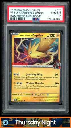 2025 POKEMON SV - DRI EN TEAM ROCKET'S ZAPDOS GAMESTOP EXCLUSIVE HOLO PSA 10 - Image 1