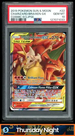 2019 POKEMON SUN & MOON COSMIC ECLIPSE CHARIZARD BRAIXEN GX TAG TEAM HOLO PSA 10 - Image 1