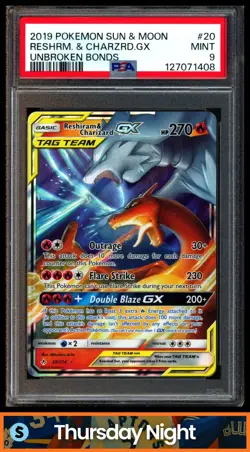 2019 POKEMON SUN & MOON UNBROKEN BONDS RESHIRAM CHARIZARD GX TAG TEAM HOLO PSA 9 - Image 1