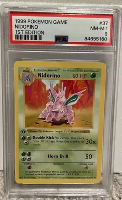 Pokemon Nidorino TCG 37/102 Base Set 1st Edition Shadowless PSA 8 WOTC 1999 - Image 1