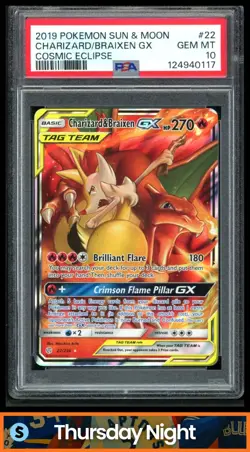 2019 POKEMON SUN & MOON COSMIC ECLIPSE CHARIZARD BRAIXEN GX TAG TEAM HOLO PSA 10 - Image 1