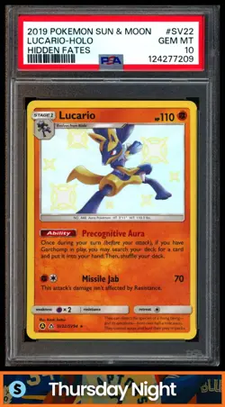 2019 POKEMON SM HIDDEN FATES #SV22/SV94 LUCARIO HOLO PSA 10 - Image 1
