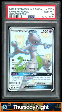 2019 POKEMON SM HIDDEN FATES #SV59/SV94 MEWTWO GX FULL ART SHINY RARE PSA 10 - Image 1