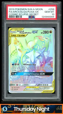 2019 POKEMON S&M COSMIC ECLIPSE ARCEUS DIALGA PALKIA GX FULL ART TAG TEAM PSA 10 - Image 1